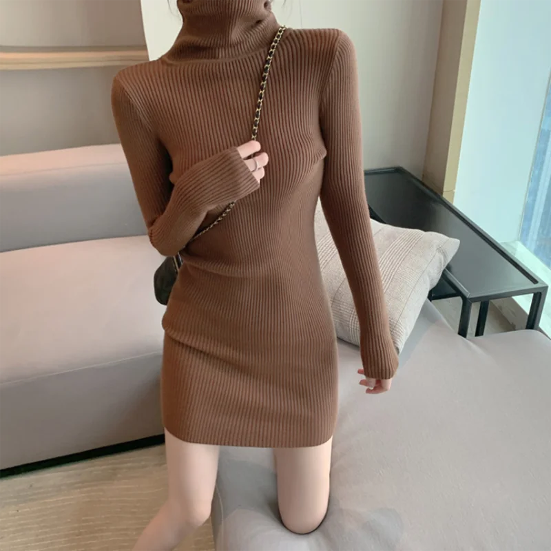 Women Turtleneck Warm Bodycon Dress Long Sleeve Knit Solid Office Pullover Sexy Mini Dress for Ladies 2025