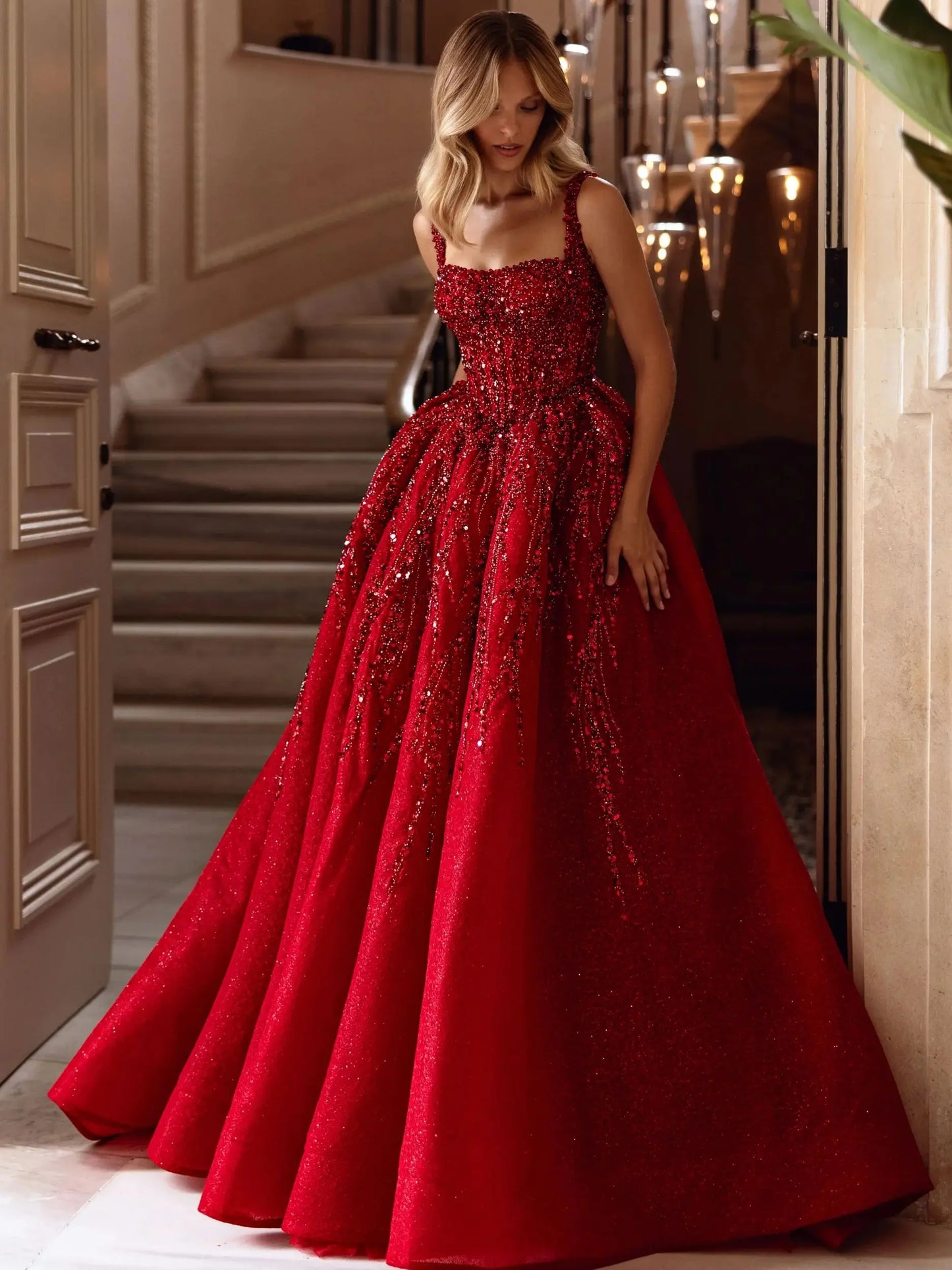 New Red Prom Dresses for Women A Line Square Collar Sequin Vestidos de Fiesta Backless Beading Formal Prom Gowns Customized