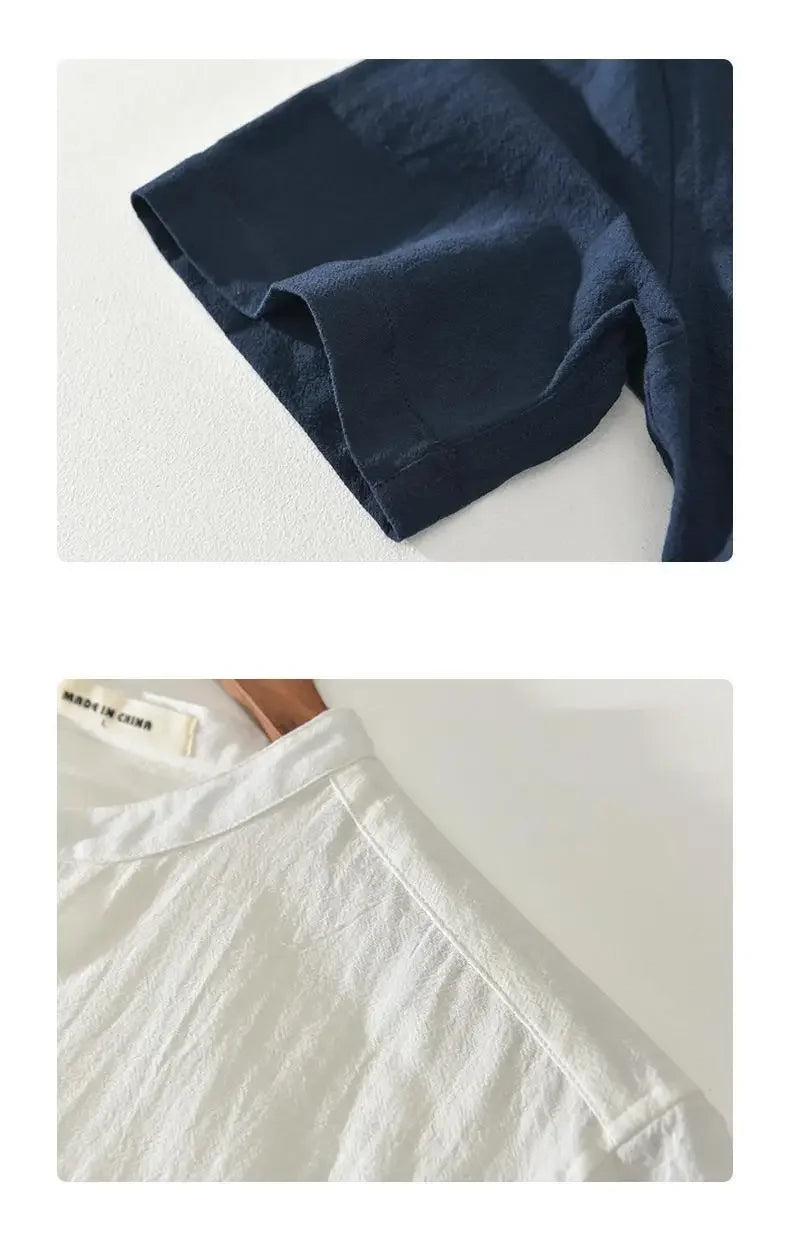 Men's Linen Shirt Short Sleeve Stand Collar Loose-fit Summer Thin Casual White Shirt Fresh Style Men's Casual Short Sleeve