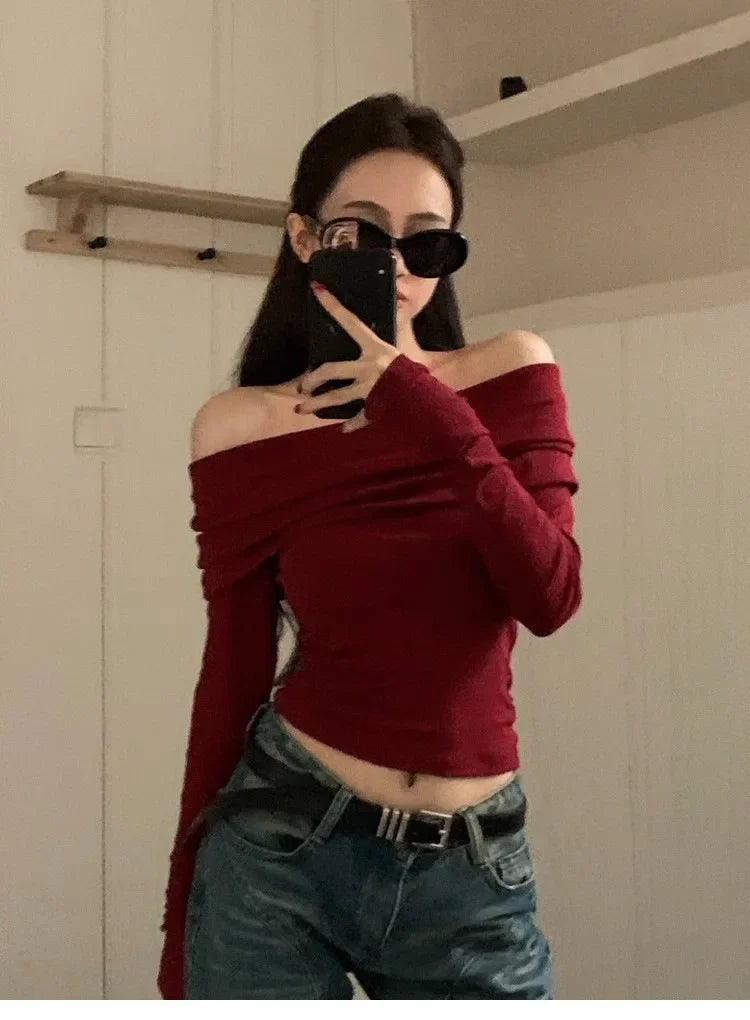 Red Sexy Tops Off Shoulder Long Sleeve T-shirt Women's Solid Elegant Autumn/Winter New Spicy Girl Slim Fit Short Red Crop Top