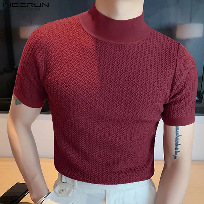 New Fashion Tight T-shirt Casual Streetwear Textured High-neck Solid Color Short-sleeved Bottoming Tees Korean Style Tops
