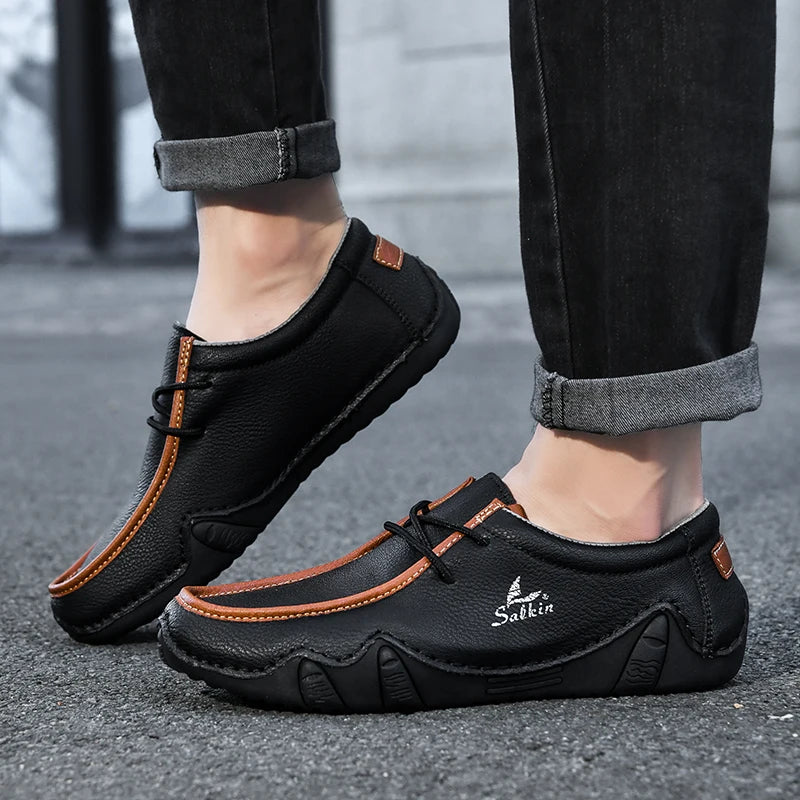 Handmade Leather Casual Men Shoes Design Sneakers Man Loafers Breathable Low Top Flat Shoes Driving Plus Size
