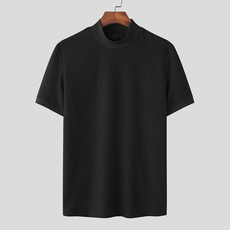 New Fashion Tight T-shirt Casual Streetwear Textured High-neck Solid Color Short-sleeved Bottoming Tees Korean Style Tops