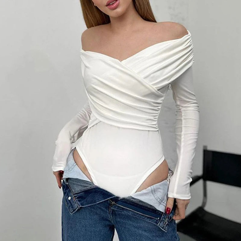 new 2025 sexy and fashionable V-neck off shoulder patchwork long sleeved slim fit versatile casual jumpsuit for woman