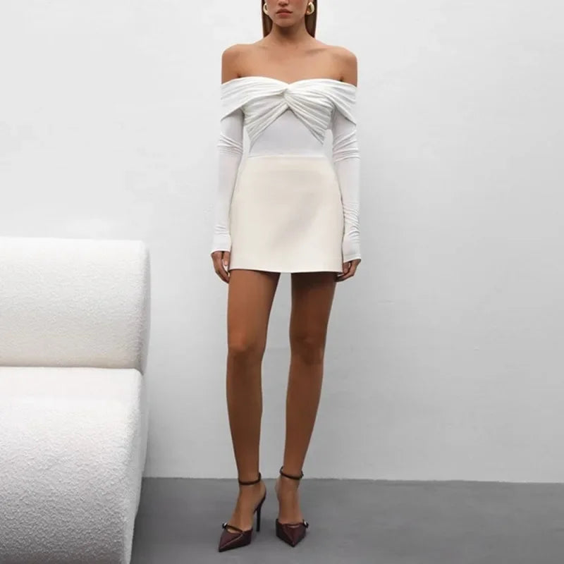 Sexy T-shirt Top Women's Pleated Long Sleeve Inner V-Neck White Slim Twist Cropped Pullover Female Tee