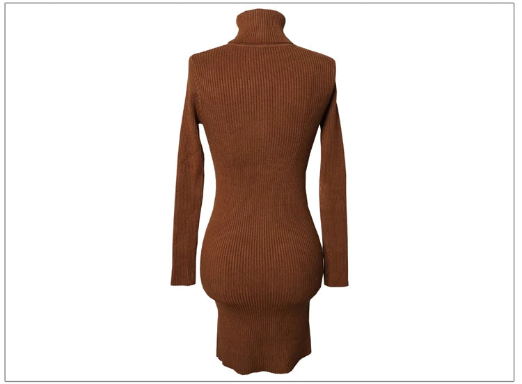 Women Turtleneck Warm Bodycon Dress Long Sleeve Knit Solid Office Pullover Sexy Mini Dress for Ladies 2025