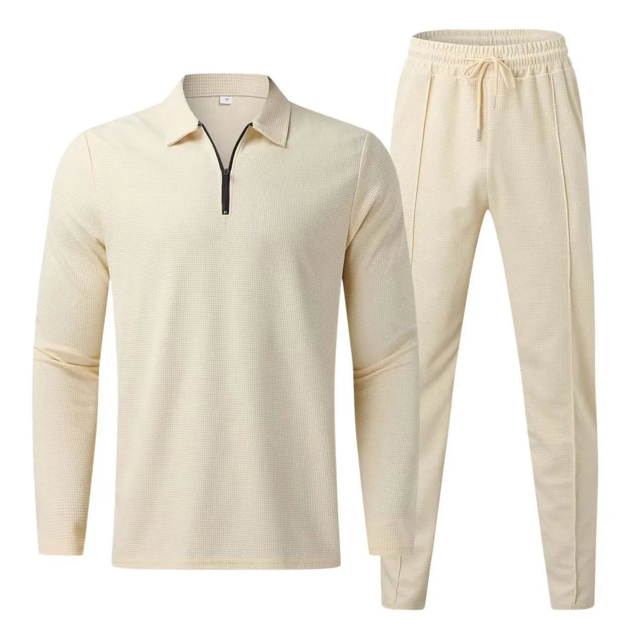 New Waffle men's casual long sleeve Polo shirt + sweatpants suit set Solid men's lapel collar sweatshirt set 2PCS men's clothing