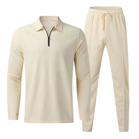 New Waffle men's casual long sleeve Polo shirt + sweatpants suit set Solid men's lapel collar sweatshirt set 2PCS men's clothing