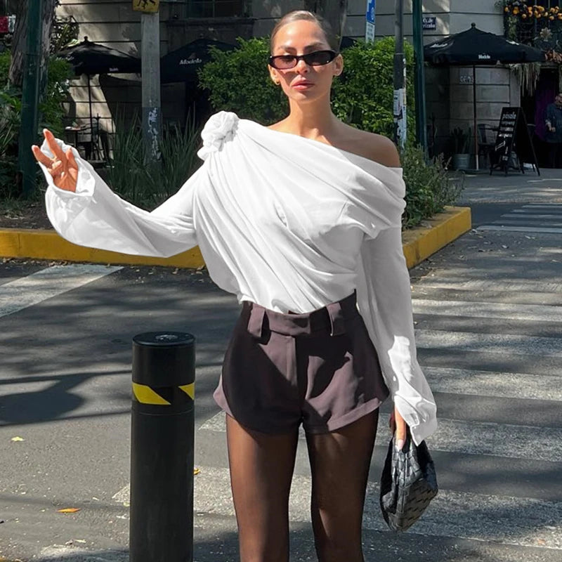 Sexy Irregular Oblique-neck Flower Applique T Shirt Summer Off Shoulder Fashion Long Sleeve Crop Tops Street Mesh Tees