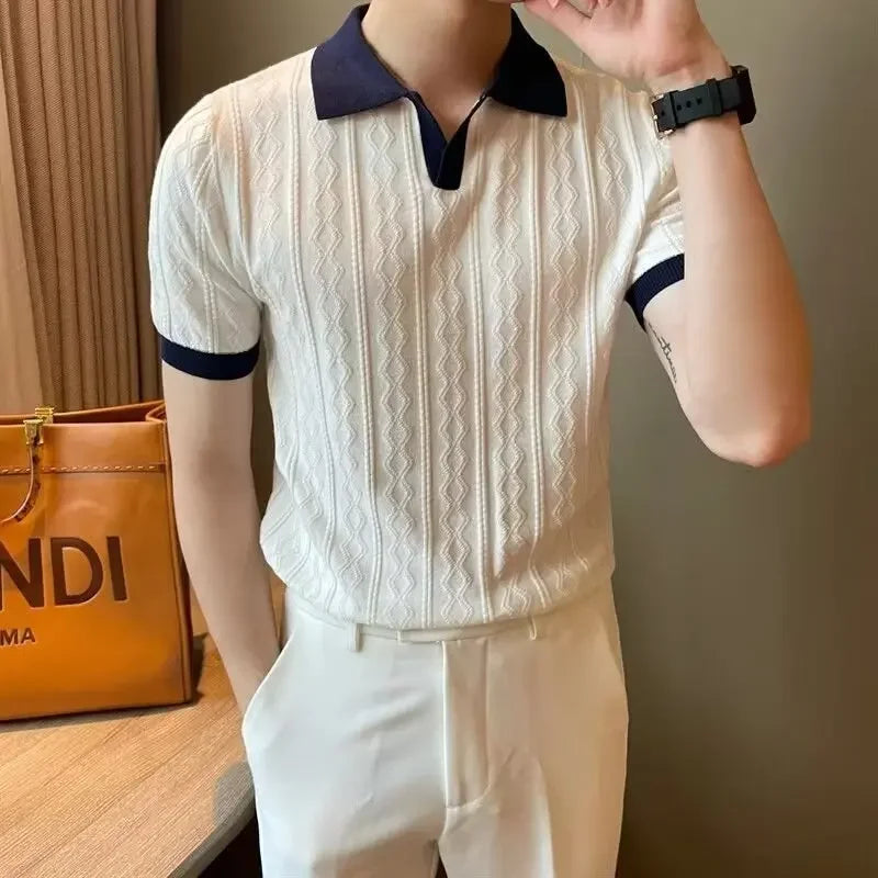 Men's Knit Short Sleeve Polo Shirt Casual Soft Supple High-end Feel Round Neck Loose-fit Top Japanese Style Solid Color