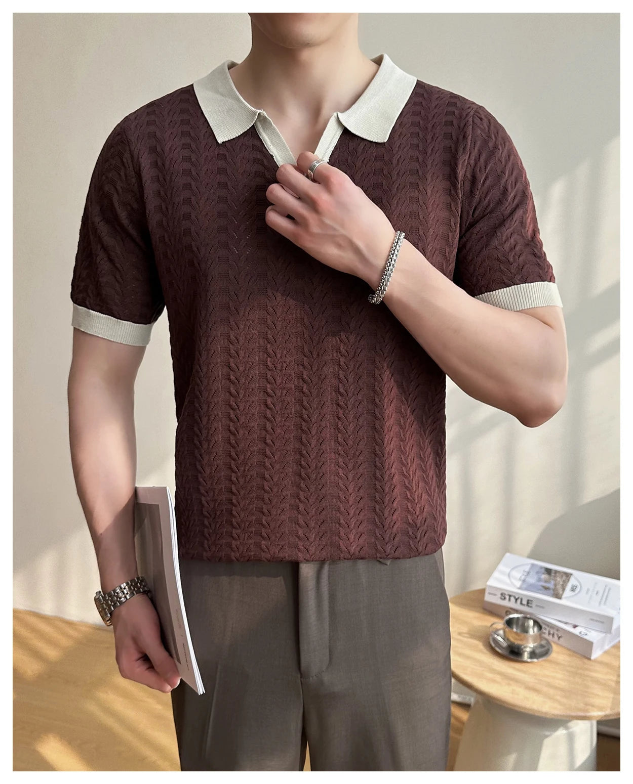Men's 2025 Summer New Knitwear, Versatile Breathable Hollow Thin Short Sleeve Polo Shirt Fashion Plus Size Shirt Polo Shirt