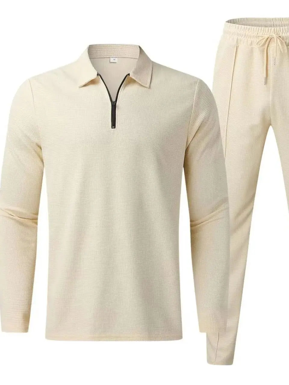 New Waffle men's casual long sleeve Polo shirt + sweatpants suit set Solid men's lapel collar sweatshirt set 2PCS men's clothing