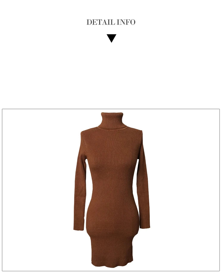 Women Turtleneck Warm Bodycon Dress Long Sleeve Knit Solid Office Pullover Sexy Mini Dress for Ladies 2025