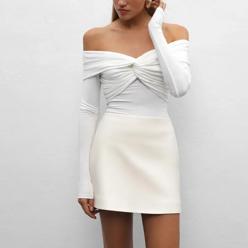 Sexy T-shirt Top Women's Pleated Long Sleeve Inner V-Neck White Slim Twist Cropped Pullover Female Tee