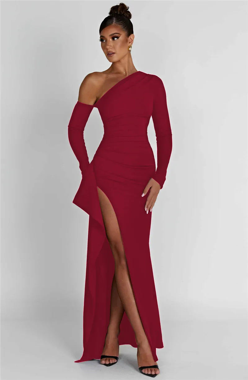 Mozision Oblique Shoulder Thigh High Split Maxi Dress Women Long Sleeve Backless Bodycon Sexy Club Party Long Dress Vestidos