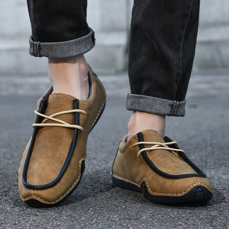 Handmade Leather Casual Men Shoes Design Sneakers Man Loafers Breathable Low Top Flat Shoes Driving Plus Size