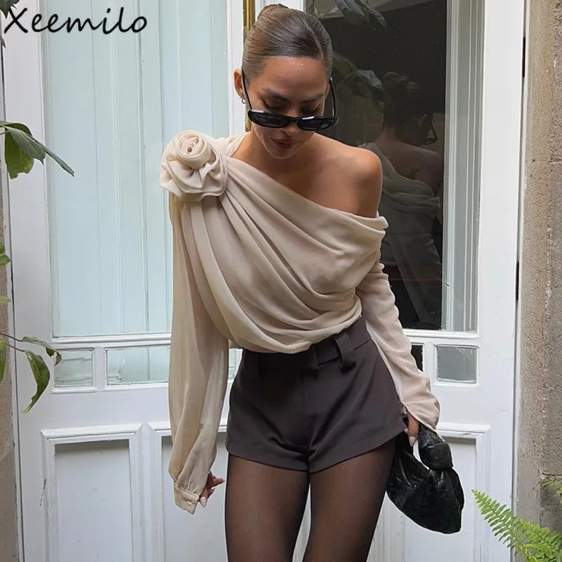 Sexy Irregular Oblique-neck Flower Applique T Shirt Summer Off Shoulder Fashion Long Sleeve Crop Tops Street Mesh Tees
