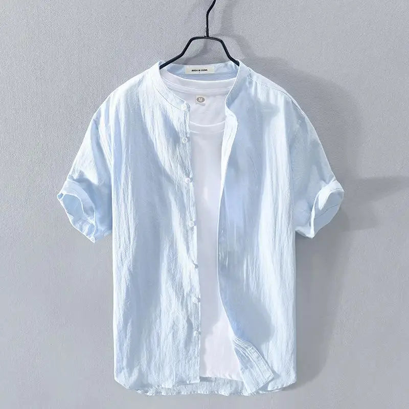 Men's Linen Shirt Short Sleeve Stand Collar Loose-fit Summer Thin Casual White Shirt Fresh Style Men's Casual Short Sleeve