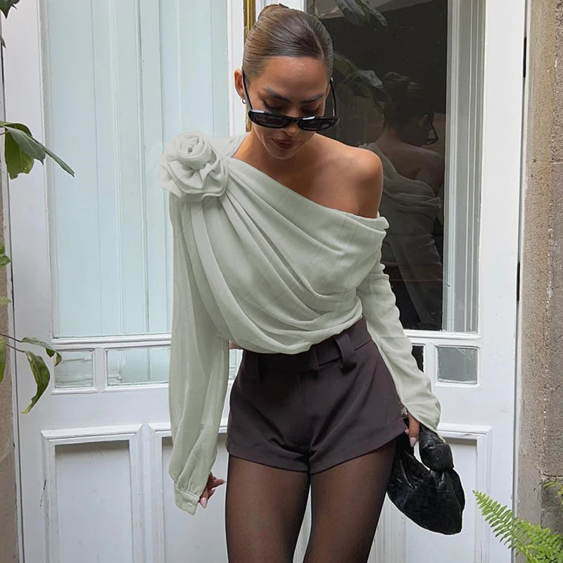 Sexy Irregular Oblique-neck Flower Applique T Shirt Summer Off Shoulder Fashion Long Sleeve Crop Tops Street Mesh Tees