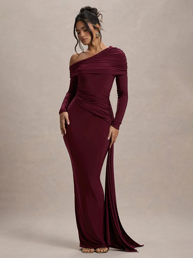 Skew Collar Long Sleeve Sexy Maxi Dress For Women Gown Fashion Backless Draped Ruched Bodycon Club Long Dress Elegant