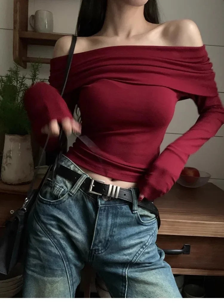 Red Sexy Tops Off Shoulder Long Sleeve T-shirt Women's Solid Elegant Autumn/Winter New Spicy Girl Slim Fit Short Red Crop Top