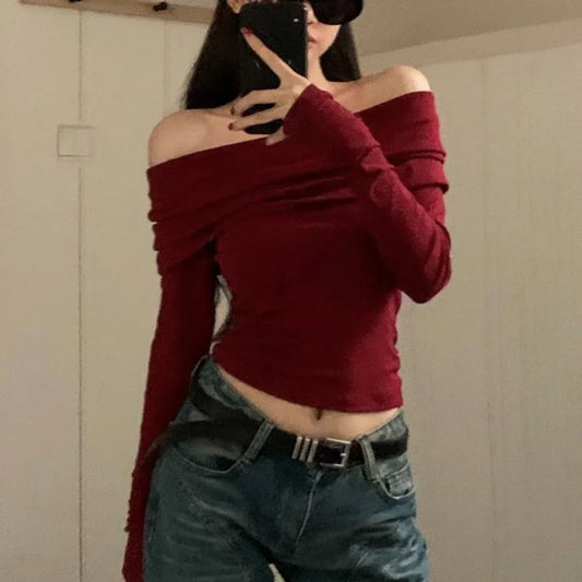 Red Sexy Tops Off Shoulder Long Sleeve T-shirt Women's Solid Elegant Autumn/Winter New Spicy Girl Slim Fit Short Red Crop Top