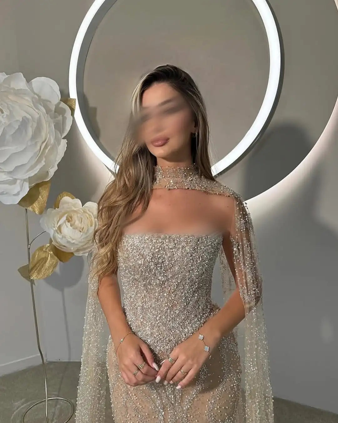 Luxury Dubai Nude Strapless Mermaid Evening Dresses Detachable Cape Beaded Elegant Arabia Gowns For Formal Occasion Customized
