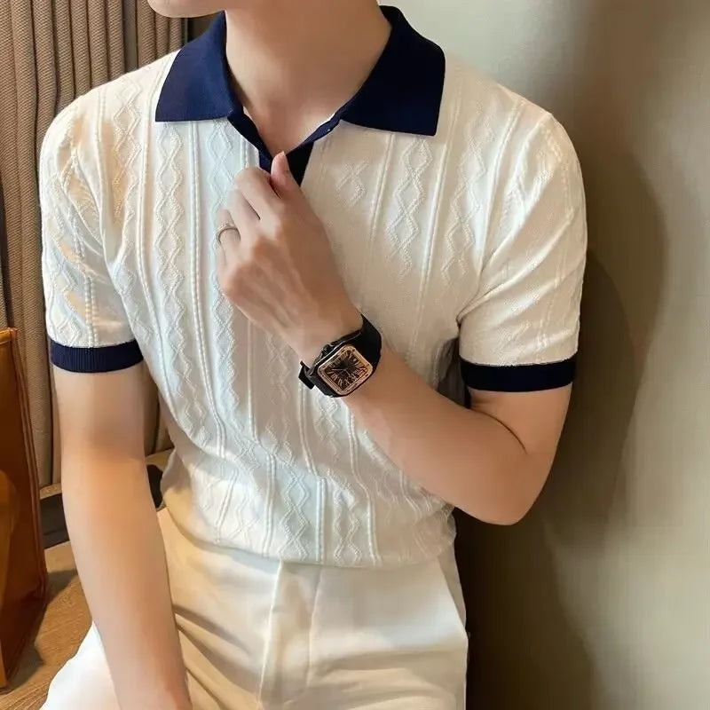 Men's Knit Short Sleeve Polo Shirt Casual Soft Supple High-end Feel Round Neck Loose-fit Top Japanese Style Solid Color