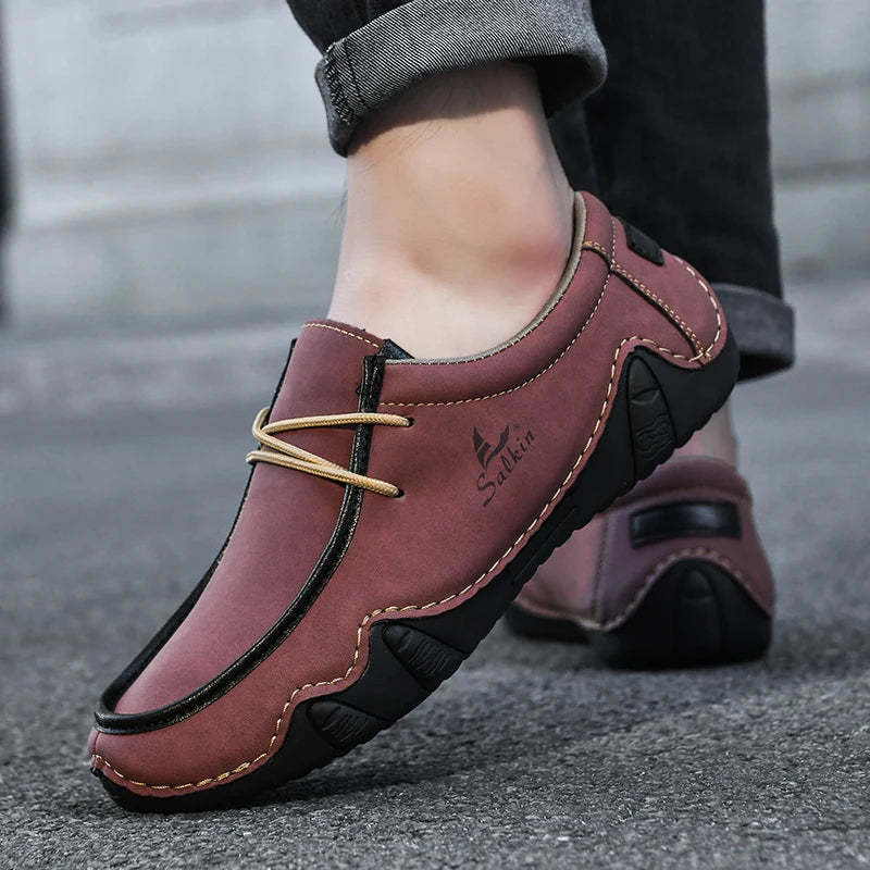 Handmade Leather Casual Men Shoes Design Sneakers Man Loafers Breathable Low Top Flat Shoes Driving Plus Size