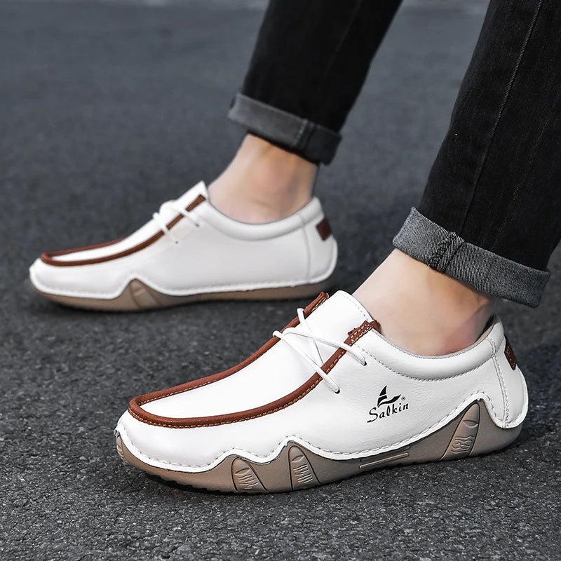 Handmade Leather Casual Men Shoes Design Sneakers Man Loafers Breathable Low Top Flat Shoes Driving Plus Size