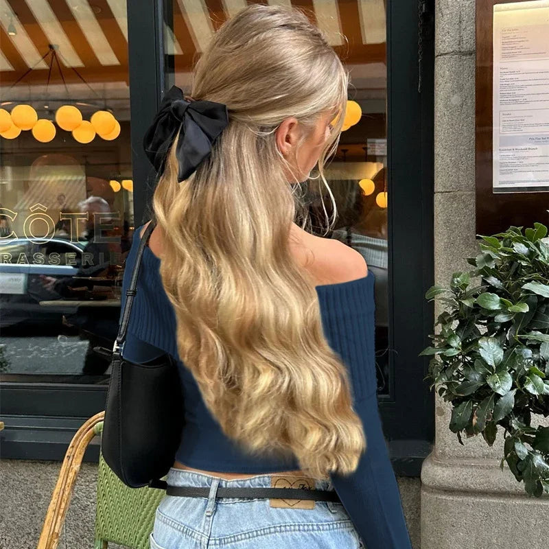 WhereMery Solid Elegant Off Shoulder Ribbed Crop Tops Summer Fashion Casual Skinny Long Sleeve Camisole Gentle Y2K Tight T-shirt