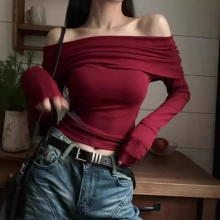 Red Sexy Tops Off Shoulder Long Sleeve T-shirt Women's Solid Elegant Autumn/Winter New Spicy Girl Slim Fit Short Red Crop Top