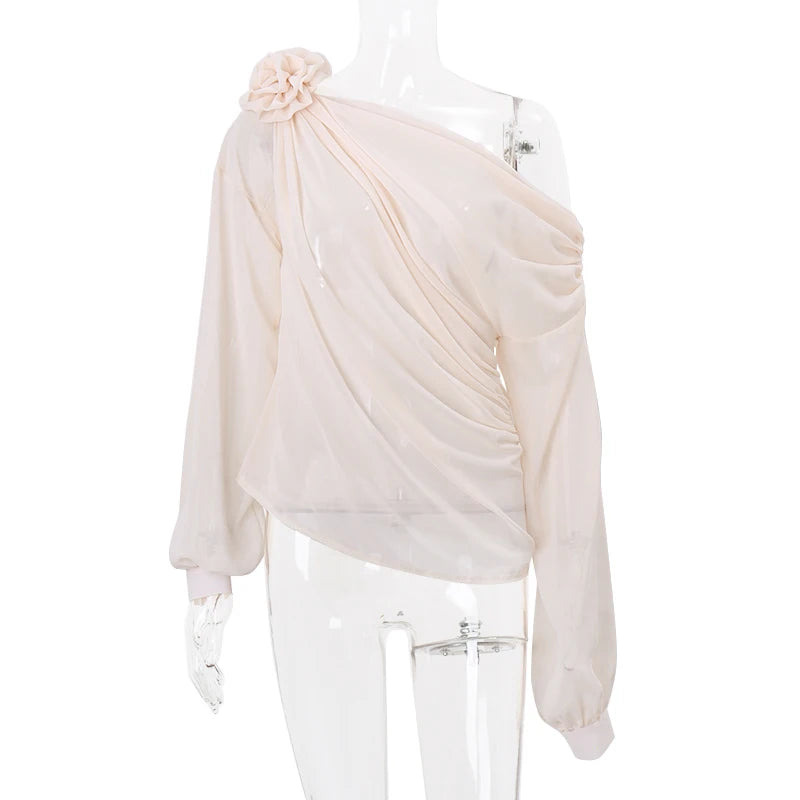 Sexy Irregular Oblique-neck Flower Applique T Shirt Summer Off Shoulder Fashion Long Sleeve Crop Tops Street Mesh Tees