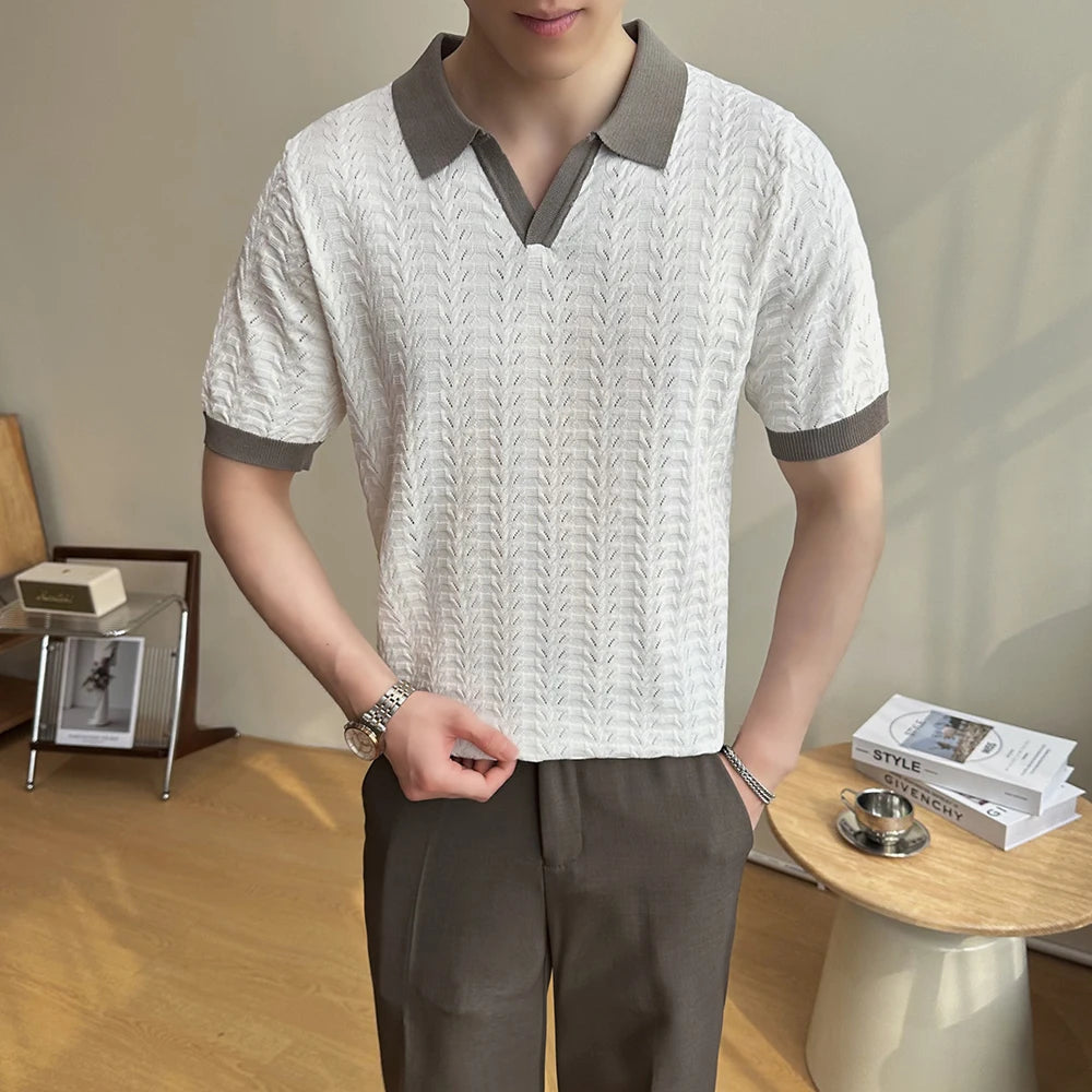 Men's 2025 Summer New Knitwear, Versatile Breathable Hollow Thin Short Sleeve Polo Shirt Fashion Plus Size Shirt Polo Shirt