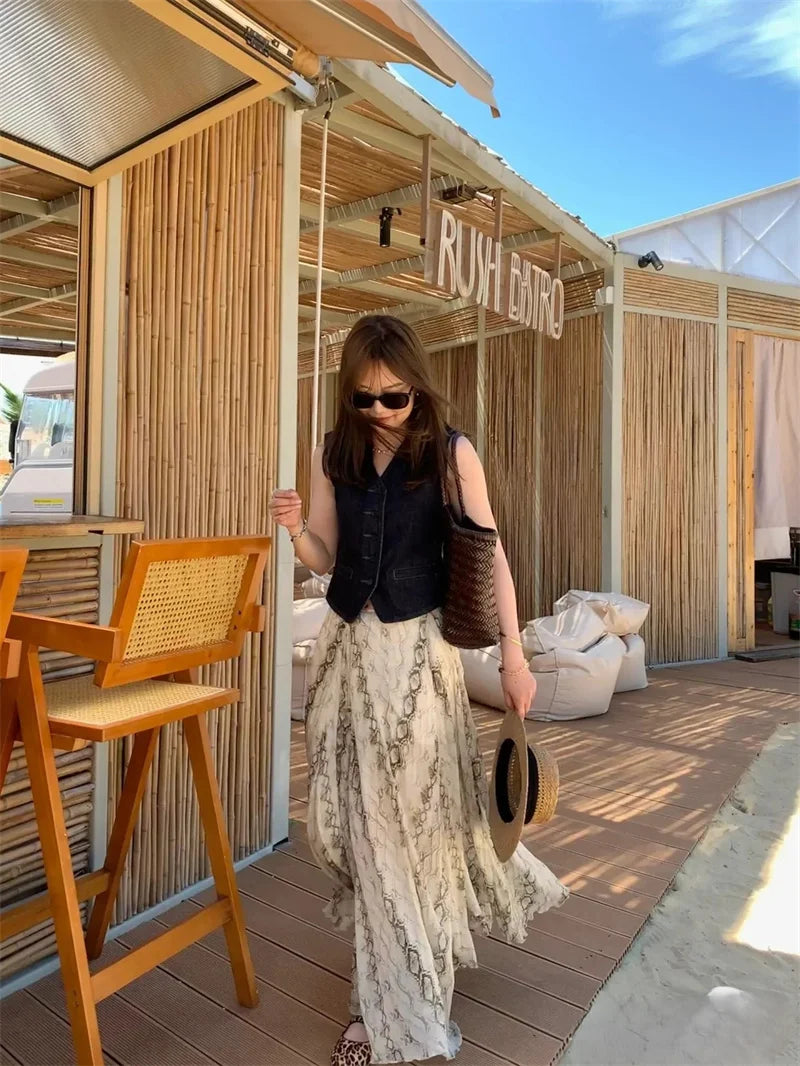 Women's Dresses Spring 2025 New Wide Hem Printed Skirt Irregular Design Personality Fashion Elegant and Versatile Beach Vacation