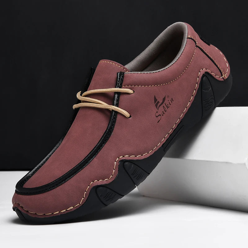 Handmade Leather Casual Men Shoes Design Sneakers Man Loafers Breathable Low Top Flat Shoes Driving Plus Size