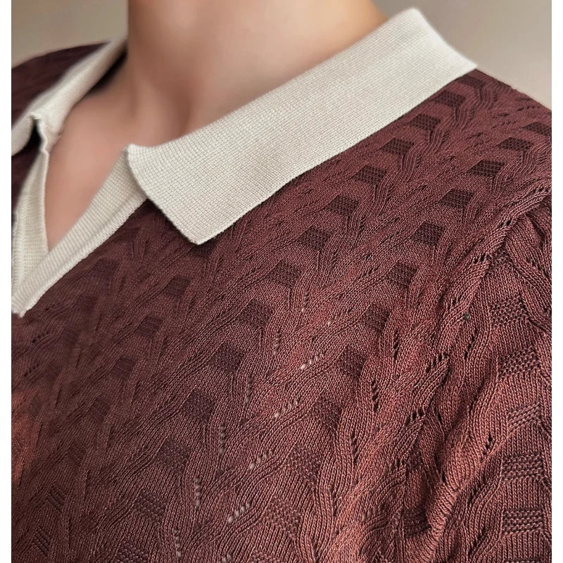 Men's 2025 Summer New Knitwear, Versatile Breathable Hollow Thin Short Sleeve Polo Shirt Fashion Plus Size Shirt Polo Shirt