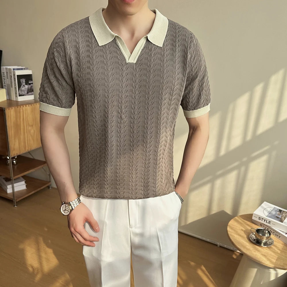 Men's 2025 Summer New Knitwear, Versatile Breathable Hollow Thin Short Sleeve Polo Shirt Fashion Plus Size Shirt Polo Shirt