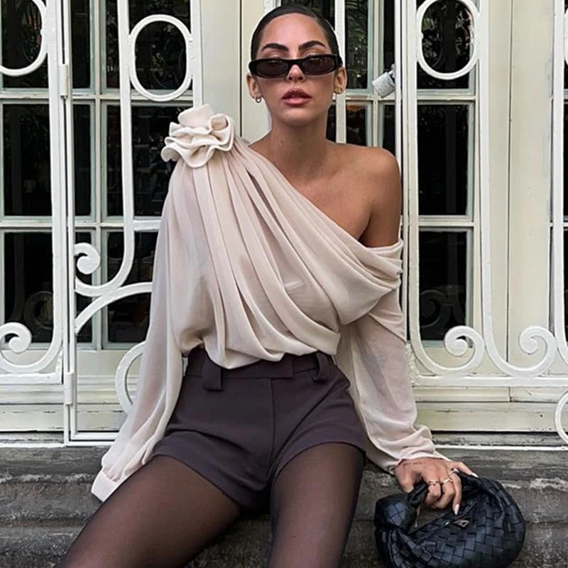 Sexy Irregular Oblique-neck Flower Applique T Shirt Summer Off Shoulder Fashion Long Sleeve Crop Tops Street Mesh Tees