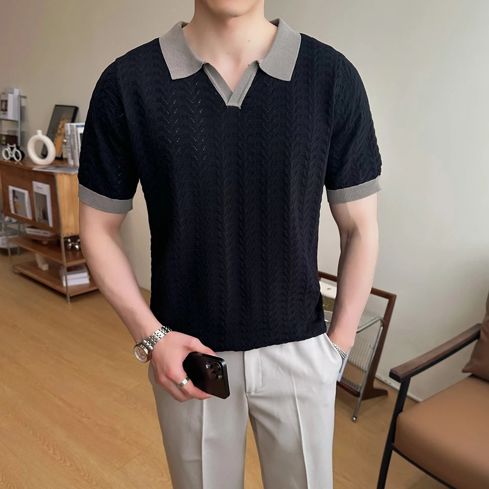 Men's 2025 Summer New Knitwear, Versatile Breathable Hollow Thin Short Sleeve Polo Shirt Fashion Plus Size Shirt Polo Shirt