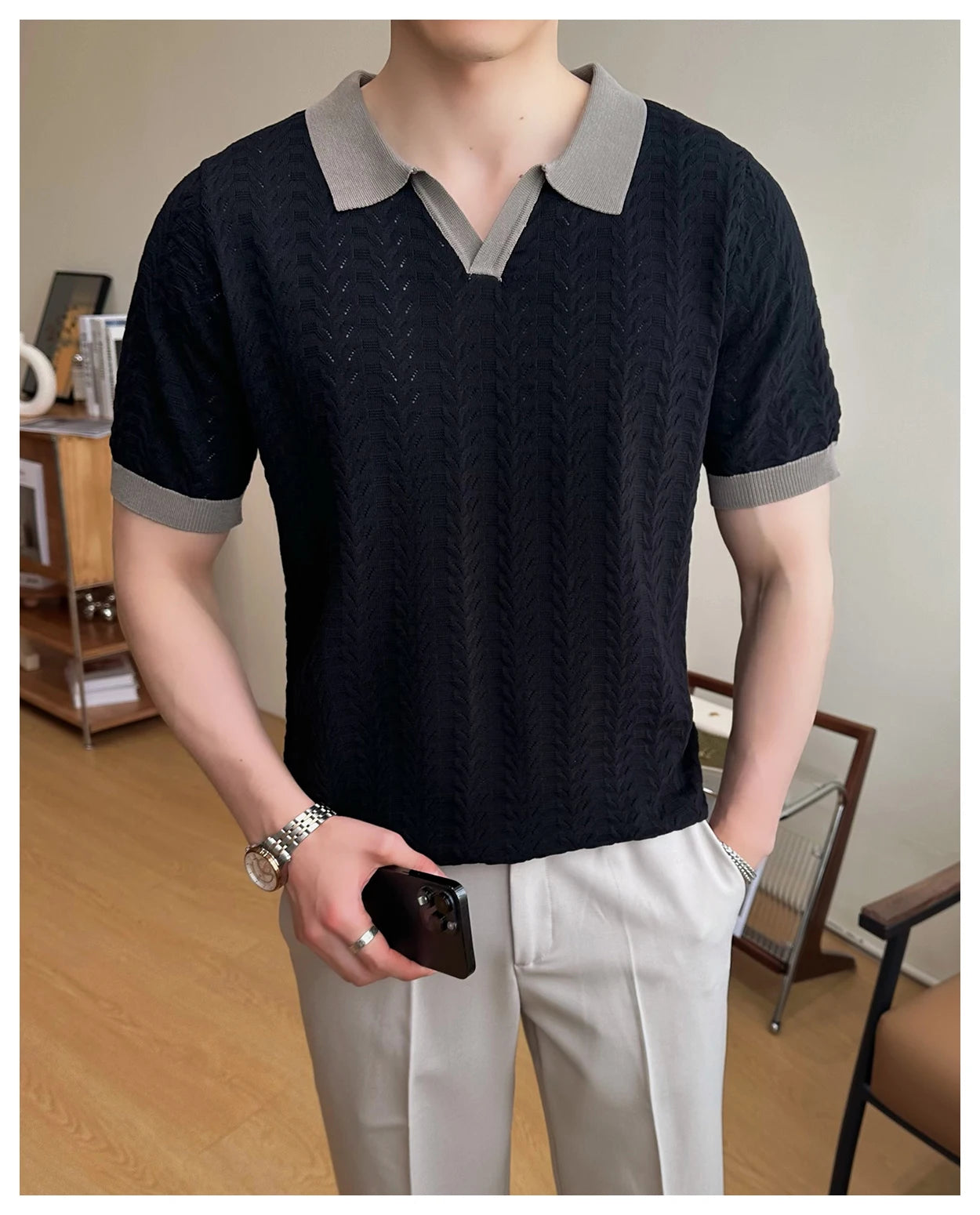 Men's 2025 Summer New Knitwear, Versatile Breathable Hollow Thin Short Sleeve Polo Shirt Fashion Plus Size Shirt Polo Shirt