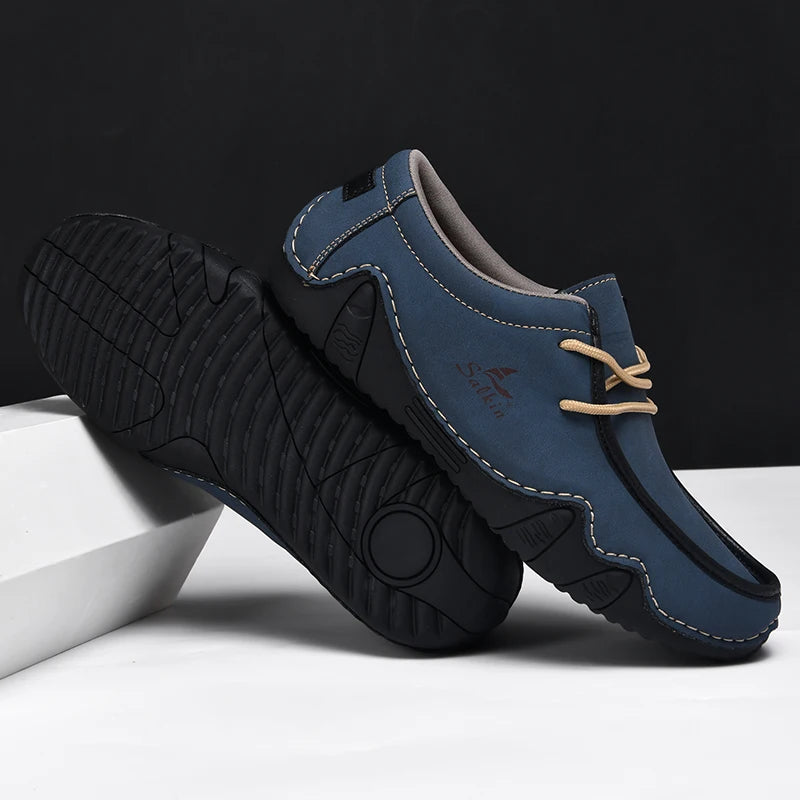 Handmade Leather Casual Men Shoes Design Sneakers Man Loafers Breathable Low Top Flat Shoes Driving Plus Size