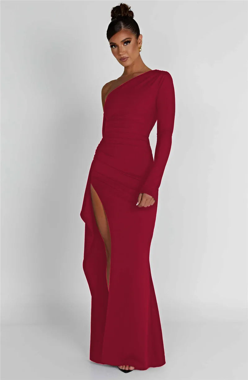 Mozision Oblique Shoulder Thigh High Split Maxi Dress Women Long Sleeve Backless Bodycon Sexy Club Party Long Dress Vestidos