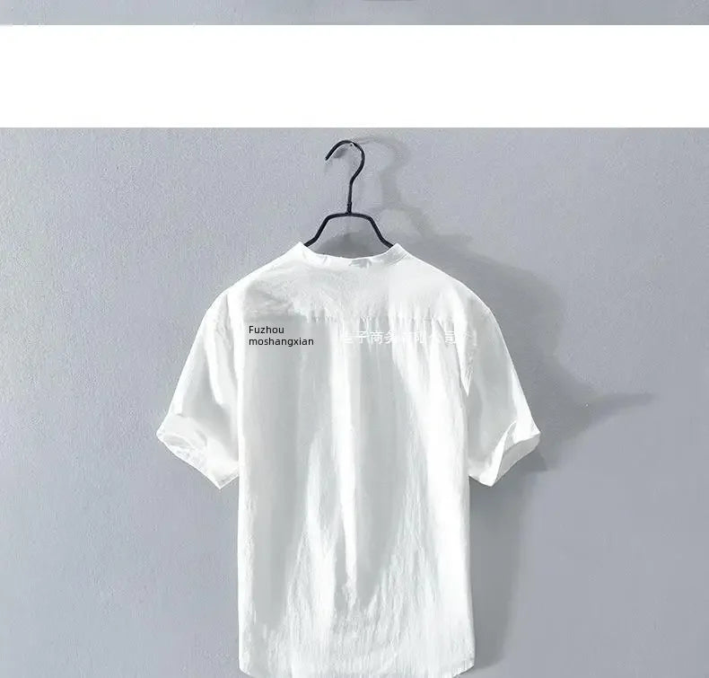 Men's Linen Shirt Short Sleeve Stand Collar Loose-fit Summer Thin Casual White Shirt Fresh Style Men's Casual Short Sleeve