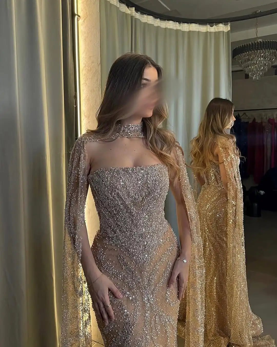 Luxury Dubai Nude Strapless Mermaid Evening Dresses Detachable Cape Beaded Elegant Arabia Gowns For Formal Occasion Customized