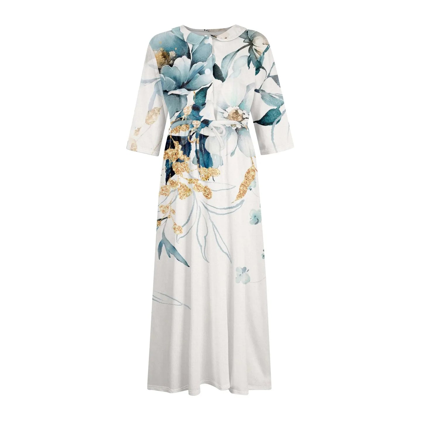 Women'S Fashion Vintage Floral Print Lapel Button Three Quarter Sleeves Strappy Dress Vestidos Verano Moda 2025 Summer Dress