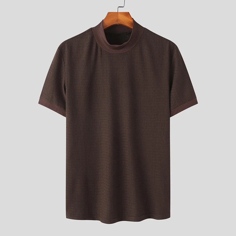 New Fashion Tight T-shirt Casual Streetwear Textured High-neck Solid Color Short-sleeved Bottoming Tees Korean Style Tops