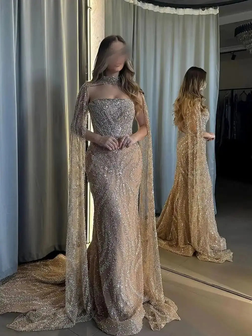 Luxury Dubai Nude Strapless Mermaid Evening Dresses Detachable Cape Beaded Elegant Arabia Gowns For Formal Occasion Customized