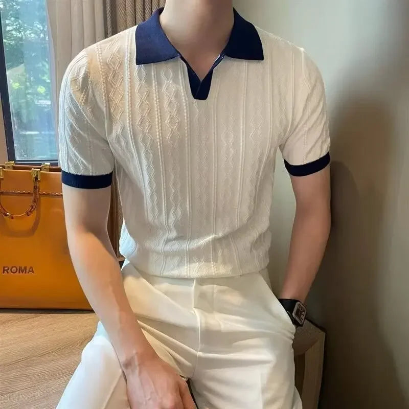 Men's Knit Short Sleeve Polo Shirt Casual Soft Supple High-end Feel Round Neck Loose-fit Top Japanese Style Solid Color