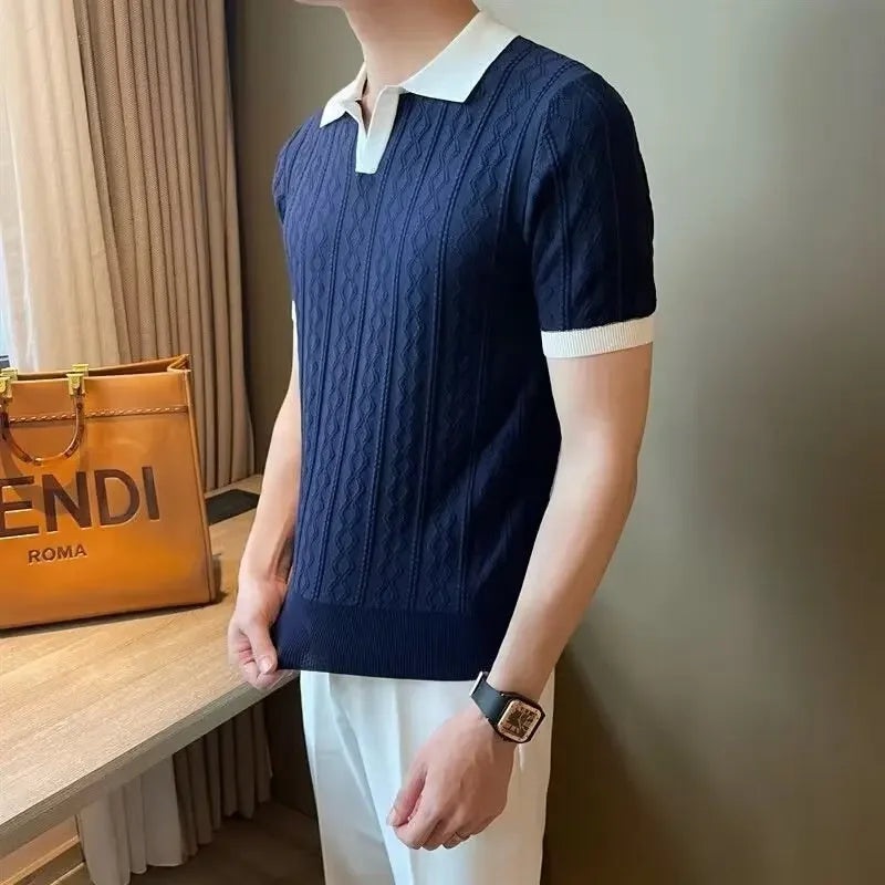 Men's Knit Short Sleeve Polo Shirt Casual Soft Supple High-end Feel Round Neck Loose-fit Top Japanese Style Solid Color